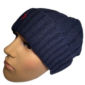 Polo Ralph Lauren Men Wool Blend Skull Cap Winter Beanie Navy Red Pony One Size